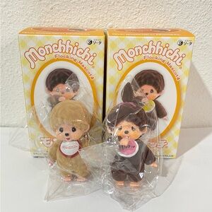 2 Monchhichi Flocking Mascot4 Japan Sekiguchi Plush Toy Doll kun chan Rare New